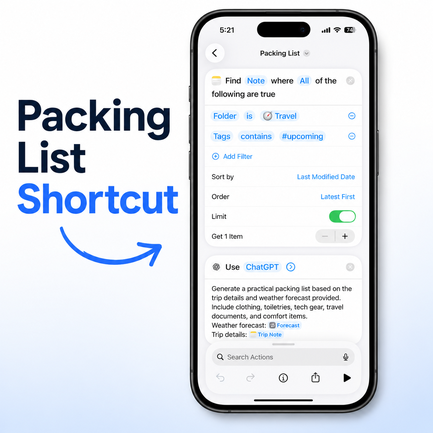 Packing List Shortcut running inside the Apple Shortcuts app